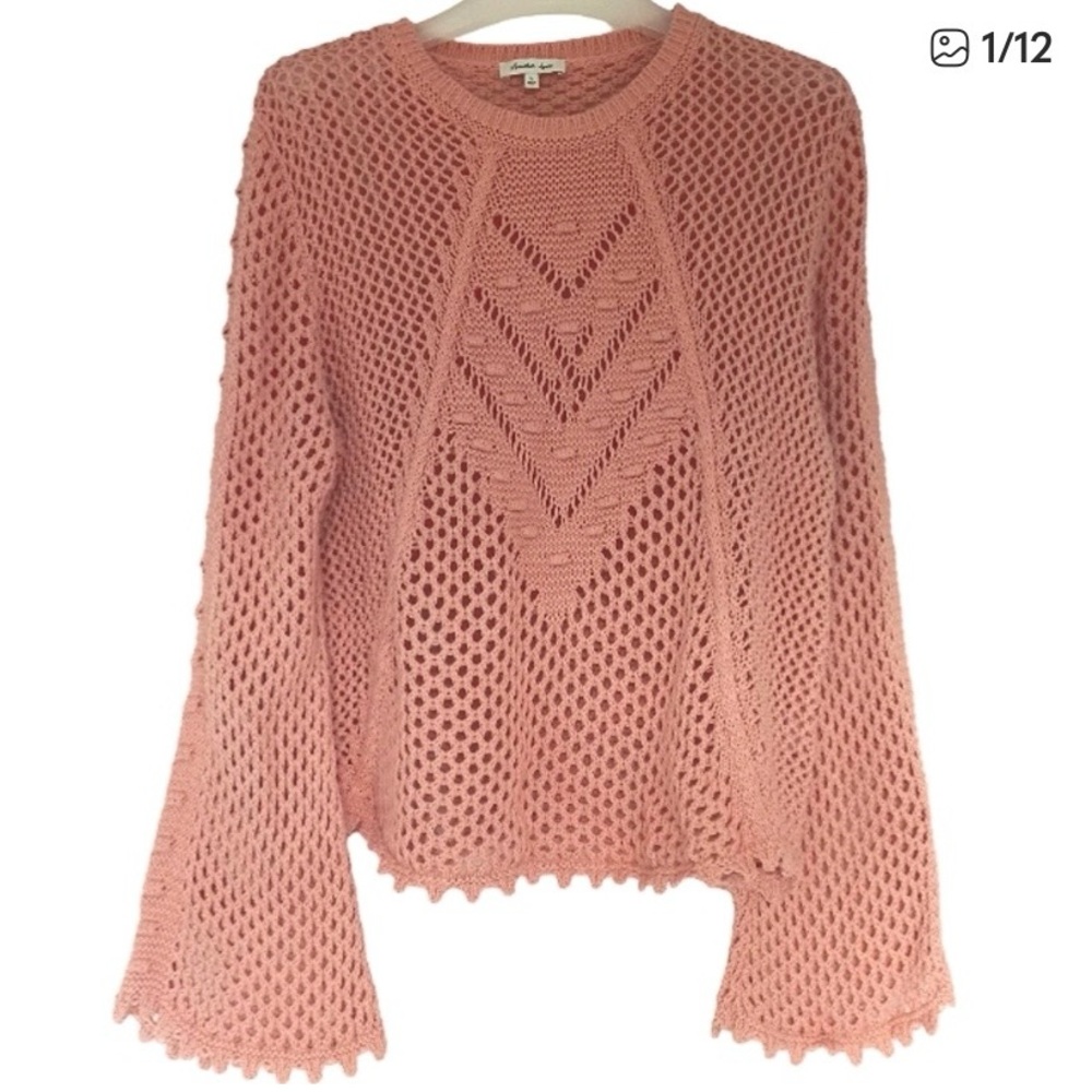 Another Love Sweater Size L Dusky Pink Honeycomb Crochet Open Knit Bell Sleeve